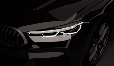 Led ışıkları ile şık Araba siyah bir arka plan. Fütüristik modern araç baş hafif xenon kara günü. 3D render