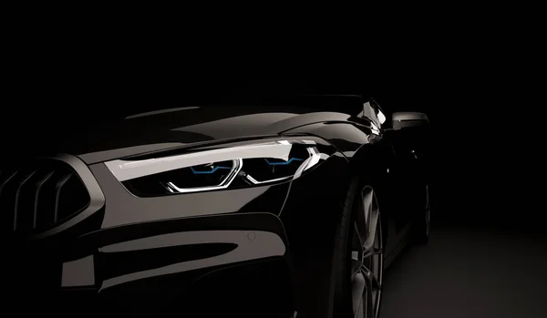 Mașină elegantă pe un fundal negru cu lumini aprinse. Futurist vehicul modern cap lumina xenon pe întuneric. 3d redare — Fotografie, imagine de stoc
