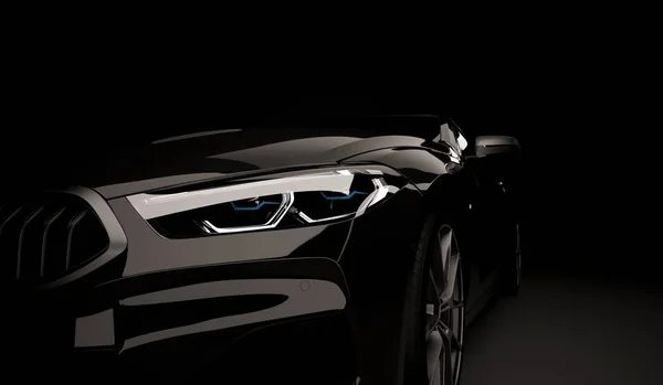 Carro elegante em um fundo preto com luzes led acesas. Futurista moderno veículo cabeça luz xenônio no escuro. Renderização 3d — Fotografia de Stock