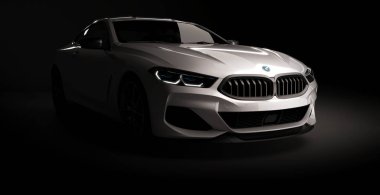 Kazakistan, Almaty - 20 Ocak 2020: Koyu arkaplanda yepyeni Bmw 8 serisi Coupe. 3d hazırlayıcı
