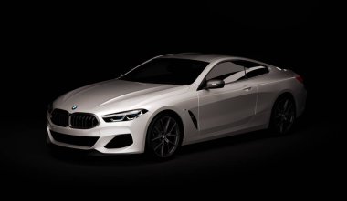 Kazakistan, Almaty - 20 Ocak 2020: Koyu arkaplanda yepyeni Bmw 8 serisi Coupe. 3d hazırlayıcı