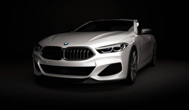 Kazakhstan, Almaty - January 20, 2020: All-new BMW 8 Series Coupe on dark background. 3d render clipart