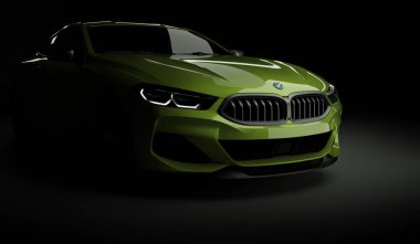 Kazakistan, Almaty - 20 Ocak 2020: Koyu arkaplanda yepyeni Bmw 8 serisi Coupe. 3d hazırlayıcı
