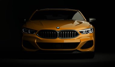 Kazakistan, Almaty - 20 Ocak 2020: Koyu arkaplanda yepyeni Bmw 8 serisi Coupe. 3d hazırlayıcı