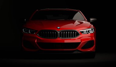 Kazakistan, Almaty - 20 Ocak 2020: Koyu arkaplanda yepyeni Bmw 8 serisi Coupe. 3d hazırlayıcı