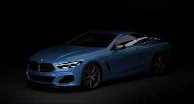 Kazakistan, Almaty - 20 Ocak 2020: Koyu arkaplanda yepyeni Bmw 8 serisi Coupe. 3d hazırlayıcı