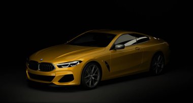Kazakistan, Almaty - 20 Ocak 2020: Koyu arkaplanda yepyeni Bmw 8 serisi Coupe. 3d hazırlayıcı