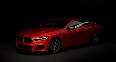 Kazakistan, Almaty - 20 Ocak 2020: Koyu arkaplanda yepyeni Bmw 8 serisi Coupe. 3d hazırlayıcı
