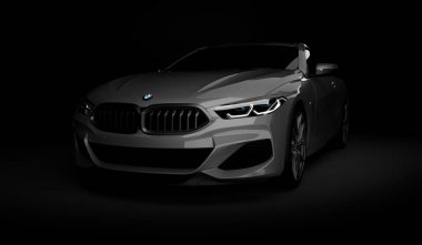 Kazakistan, Almaty - 20 Ocak 2020: Koyu arkaplanda yepyeni Bmw 8 serisi Coupe. 3d hazırlayıcı