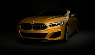 Kazakistan, Almaty - 20 Ocak 2020: Koyu arkaplanda yepyeni Bmw 8 serisi Coupe. 3d hazırlayıcı