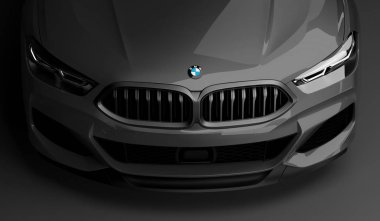 Kazakistan, Almaty - 20 Ocak 2020: Koyu arkaplanda yepyeni Bmw 8 serisi Coupe. 3d hazırlayıcı
