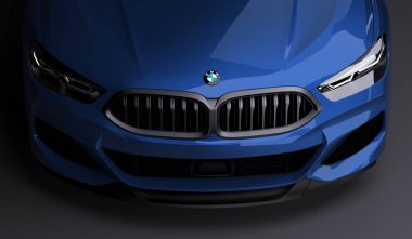 Kazakistan, Almaty - 20 Ocak 2020: Koyu arkaplanda yepyeni Bmw 8 serisi Coupe. 3d hazırlayıcı