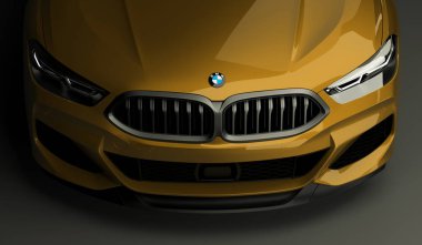 Kazakistan, Almaty - 20 Ocak 2020: Koyu arkaplanda yepyeni Bmw 8 serisi Coupe. 3d hazırlayıcı
