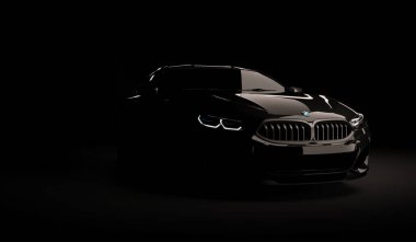 Kazakistan, Almaty - 20 Ocak 2020: Koyu arkaplanda yepyeni Bmw 8 serisi Coupe. 3d hazırlayıcı