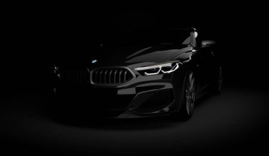 Kazakistan, Almaty - 20 Ocak 2020: Koyu arkaplanda yepyeni Bmw 8 serisi Coupe. 3d hazırlayıcı