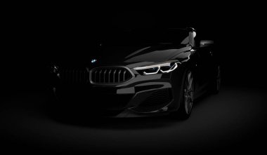 Kazakhstan, Almaty - January 20, 2020: All-new BMW 8 Series Coupe on dark background. 3d render clipart