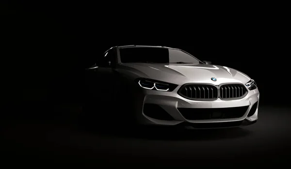 Kazahstan, Almaty - 20 ianuarie 2020: Noul BMW Seria 8 Coupé pe fundal întunecat. 3d redare — Fotografie, imagine de stoc