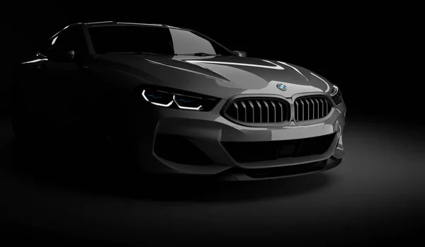 Kazahstan, Almaty - 20 ianuarie 2020: Noul BMW Seria 8 Coupé pe fundal întunecat. 3d redare — Fotografie, imagine de stoc