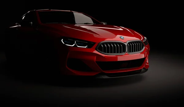 Kazahstan, Almaty - 20 ianuarie 2020: Noul BMW Seria 8 Coupé pe fundal întunecat. 3d redare — Fotografie, imagine de stoc