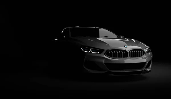 Kazakhstan, Almaty - 20 de janeiro de 2020: novo BMW 8 Series Coupe em fundo escuro. Renderização 3d — Fotografia de Stock