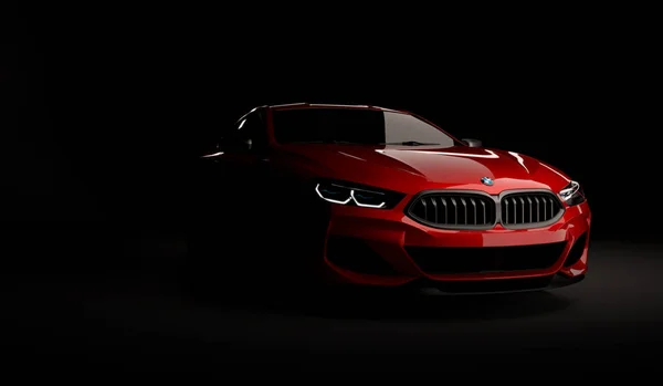 Kazajstán, Almaty - 20 de enero de 2020: Nuevo BMW 8 Series Coupe sobre fondo oscuro. 3d renderizar —  Fotos de Stock