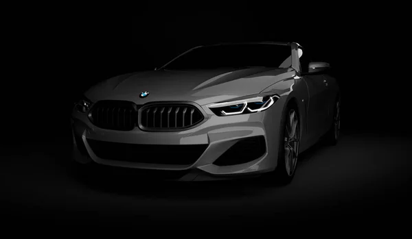 Kazakhstan, Almaty - 20 de janeiro de 2020: novo BMW 8 Series Coupe em fundo escuro. Renderização 3d — Fotografia de Stock