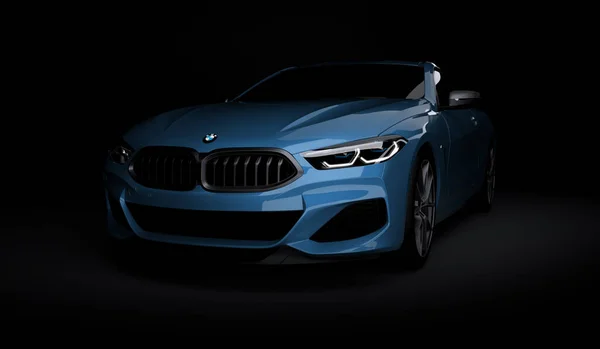 Kazajstán, Almaty - 20 de enero de 2020: Nuevo BMW 8 Series Coupe sobre fondo oscuro. 3d renderizar —  Fotos de Stock