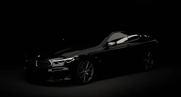 카자흐스탄, 알마티 (Almaty) - 2020 년 1 월 20 일: 완전히 새로운 BMW 8 시리즈 쿠프가 어두운 배경에 있다. 3D 렌더링 — 스톡 사진