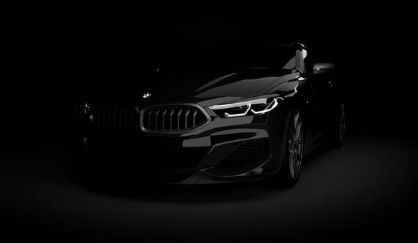 Казахстан, Алма-Ата - 20 января 2020 года: Новый BMW 8 Series Coupe на темном фоне. 3D рендеринг
