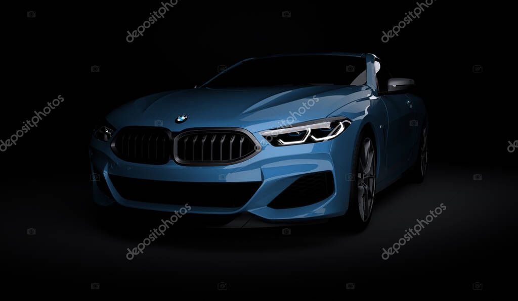 Kazakhstan, Almaty - January 20, 2020: All-new BMW 8 Series Coupe on dark background. 3d render