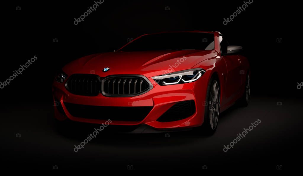 Kazakhstan, Almaty - January 20, 2020: All-new BMW 8 Series Coupe on dark background. 3d render