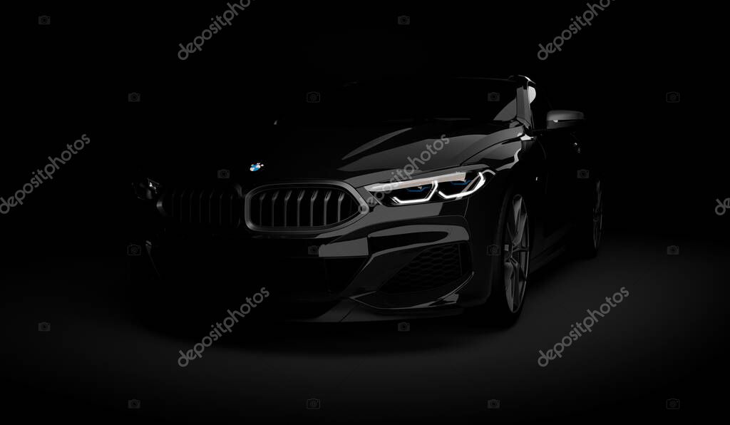 Kazakhstan, Almaty - January 20, 2020: All-new BMW 8 Series Coupe on dark background. 3d render