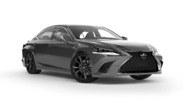 Almaty, Kazakistan - 20 Şubat 2019: 2019 Lexus Es 350 F Sport beyaz arka planda izole edilmiştir. Beyaz stüdyo ışığında lüks bir sedan. Kırpma yolu dahil. 3d hazırlayıcı
