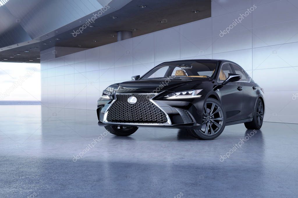 Almaty, Kazakhstan - February 20, 2019: The 2019 Lexus ES 350 F SPORT on futuristic background. Luxury sedan in modern studio light. 3d render