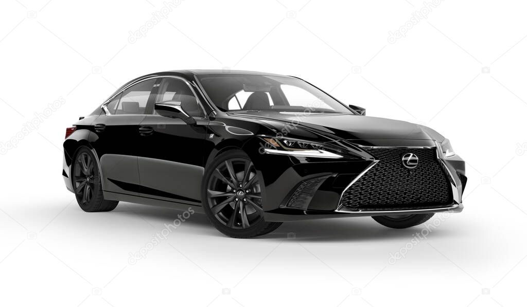 Almaty, Kazakhstan - February 20, 2019: The 2019 Lexus ES 350 F SPORT isolated on white background. Luxury sedan in white studio light. Clipping path included. 3d render
