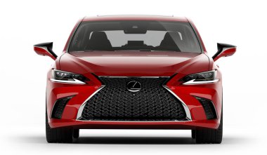 Almaty, Kazakistan - 20 Şubat 2019: 2019 Lexus Es 350 F Sport beyaz arka planda izole edilmiştir. Beyaz stüdyo ışığında lüks bir sedan. Kırpma yolu dahil. 3d hazırlayıcı