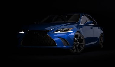 Almaty, Kazakistan - 26 Şubat 2019: Siyah arka planda 2019 Lexus Es 350 F Sport. Karanlık stüdyo ışığında lüks bir sedan. 3d hazırlayıcı