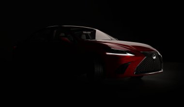 Almaty, Kazakistan - 26 Şubat 2019: Siyah arka planda 2019 Lexus Es 350 F Sport. Karanlık stüdyo ışığında lüks bir sedan. 3d hazırlayıcı