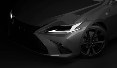 Almaty, Kazakistan - 26 Şubat 2019: Siyah arka planda 2019 Lexus Es 350 F Sport. Karanlık stüdyo ışığında lüks bir sedan. 3d hazırlayıcı