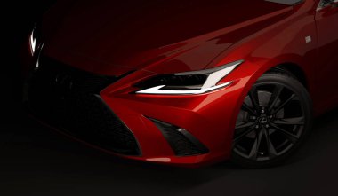 Almaty, Kazakistan - 26 Şubat 2019: Siyah arka planda 2019 Lexus Es 350 F Sport. Karanlık stüdyo ışığında lüks bir sedan. 3d hazırlayıcı