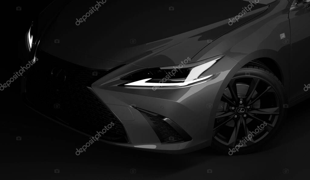 Almaty, Kazakhstan - February 26, 2019: The 2019 Lexus ES 350 F SPORT on black background. Luxury sedan in dark studio light. 3d render