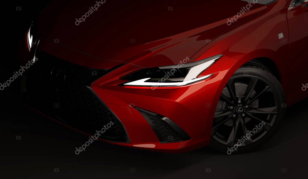 Almaty, Kazakhstan - February 26, 2019: The 2019 Lexus ES 350 F SPORT on black background. Luxury sedan in dark studio light. 3d render