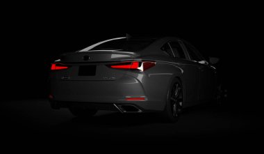 Almaty, Kazakistan - 26 Şubat 2019: Siyah arka planda 2019 Lexus Es 350 F Sport. Karanlık stüdyo ışığında lüks bir sedan. 3d hazırlayıcı