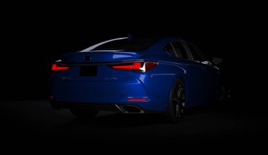 Almaty, Kazakistan - 26 Şubat 2019: Siyah arka planda 2019 Lexus Es 350 F Sport. Karanlık stüdyo ışığında lüks bir sedan. 3d hazırlayıcı