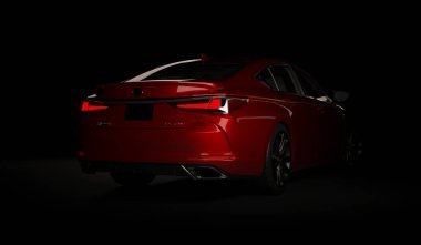 Almaty, Kazakistan - 26 Şubat 2019: Siyah arka planda 2019 Lexus Es 350 F Sport. Karanlık stüdyo ışığında lüks bir sedan. 3d hazırlayıcı