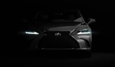 Almaty, Kazakistan - 26 Şubat 2019: Siyah arka planda 2019 Lexus Es 350 F Sport. Karanlık stüdyo ışığında lüks bir sedan. 3d hazırlayıcı