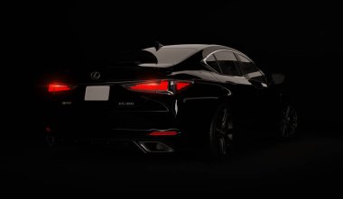 Almaty, Kazakistan - 26 Şubat 2019: Siyah arka planda 2019 Lexus Es 350 F Sport. Karanlık stüdyo ışığında lüks bir sedan. 3d hazırlayıcı