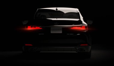 Almaty, Kazakistan - 26 Şubat 2019: Siyah arka planda 2019 Lexus Es 350 F Sport. Karanlık stüdyo ışığında lüks bir sedan. 3d hazırlayıcı