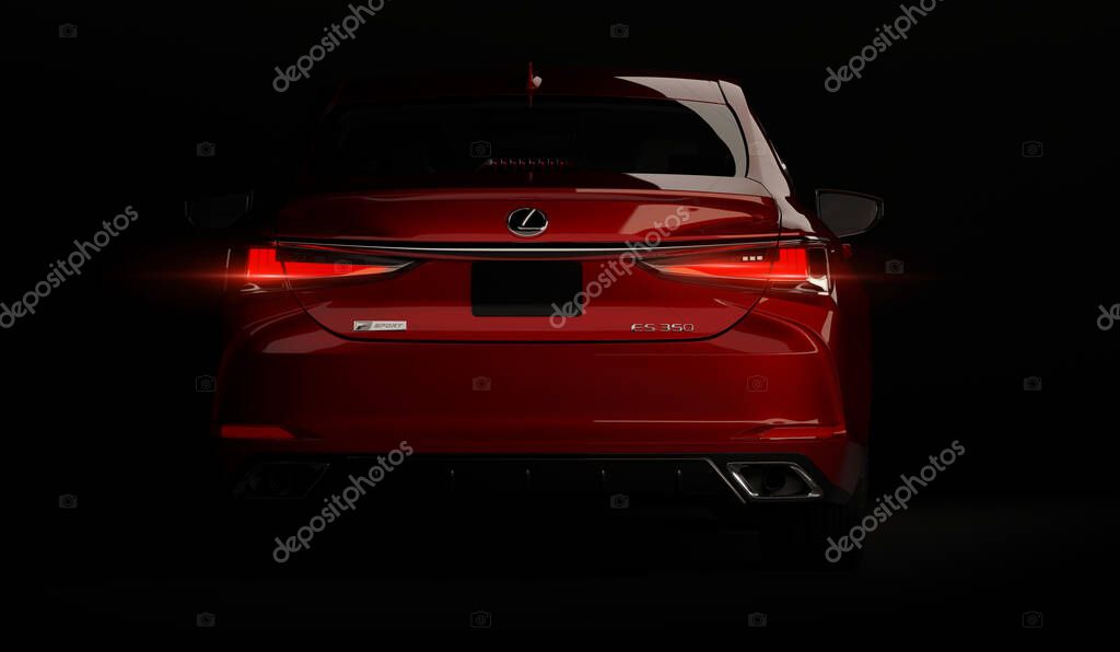 Almaty, Kazakhstan - February 26, 2019: The 2019 Lexus ES 350 F SPORT on black background. Luxury sedan in dark studio light. 3d render