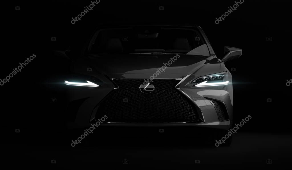 Almaty, Kazakhstan - February 26, 2019: The 2019 Lexus ES 350 F SPORT on black background. Luxury sedan in dark studio light. 3d render